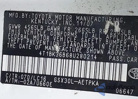 2008 Toyota Avalon Limited z USA, uszkodzony, nr VIN 4T1BK36B68U280214